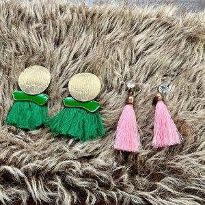 Boho Emerald Green and Pastel Pink Tassel Earrings